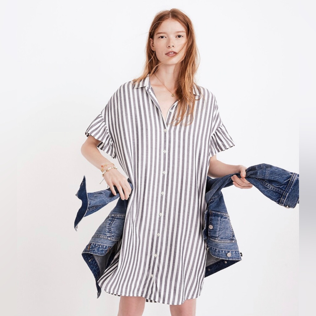 Madewell Stripped Courier Ruffle Sleeved Dress
